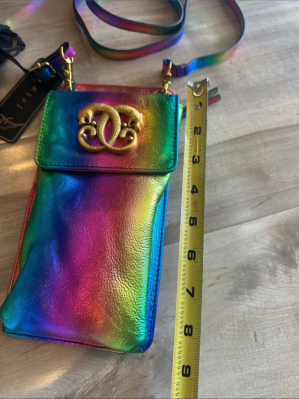 Sharif Iridescent Rainbow Leather Phone Crossbody with Gold Logo - Picture 5 of 7